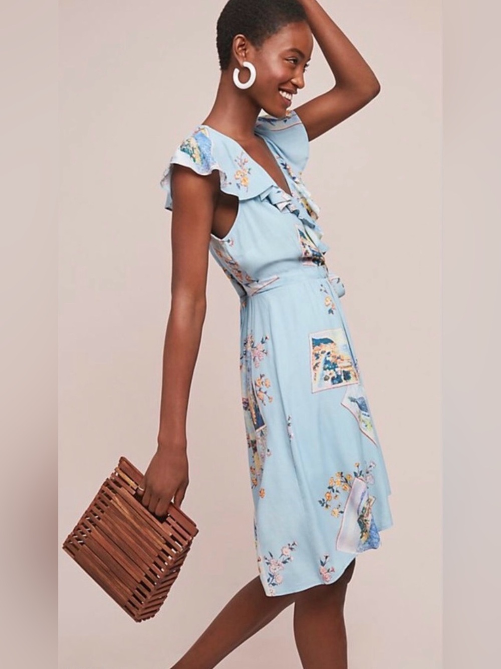 NWT Maeve Anthropologie Blue Floral Postcard Ruffle Dress 4P Petite